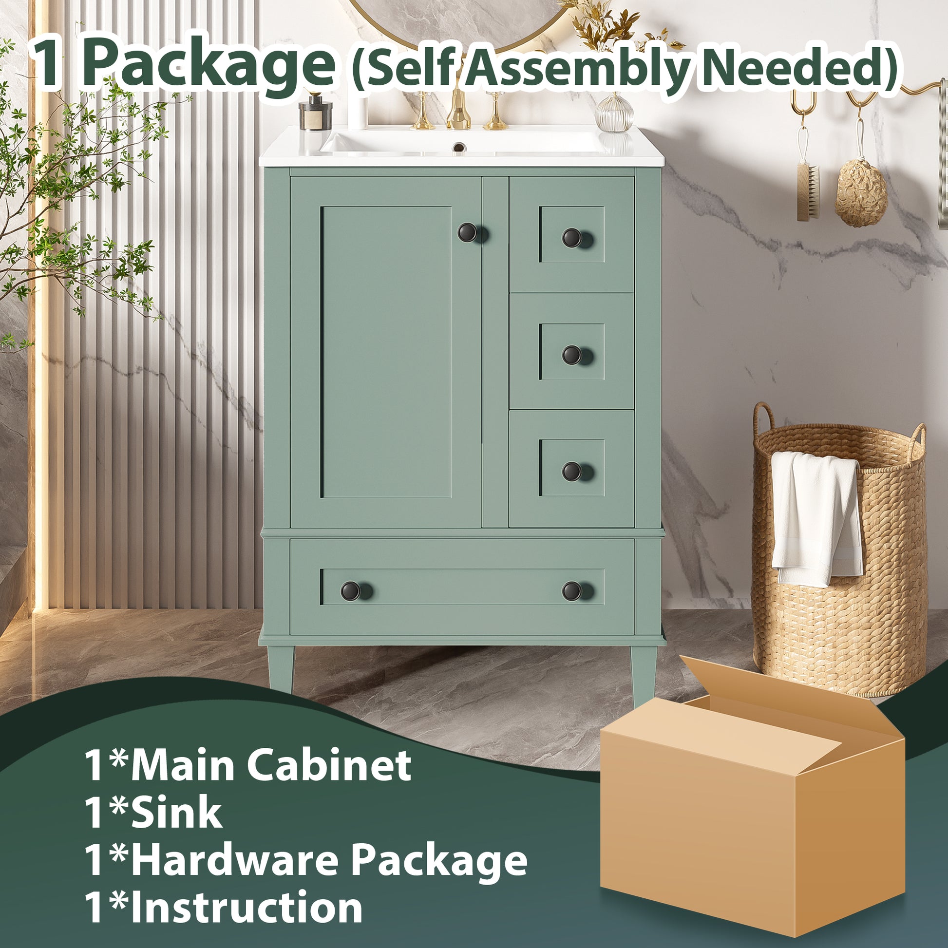 24-inch light green bathroom vanity with an integrated ceramic basin, featuring a door-mounted double-layer shelf, soft-close drawers, and a soft-close cabinet door image 8