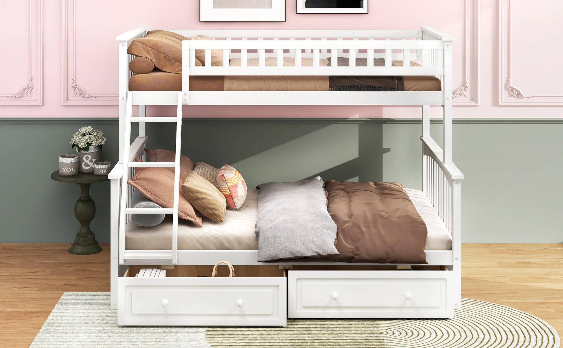 Twin over Full Bunk Bed with Drawers, Convertible Beds, White image 5