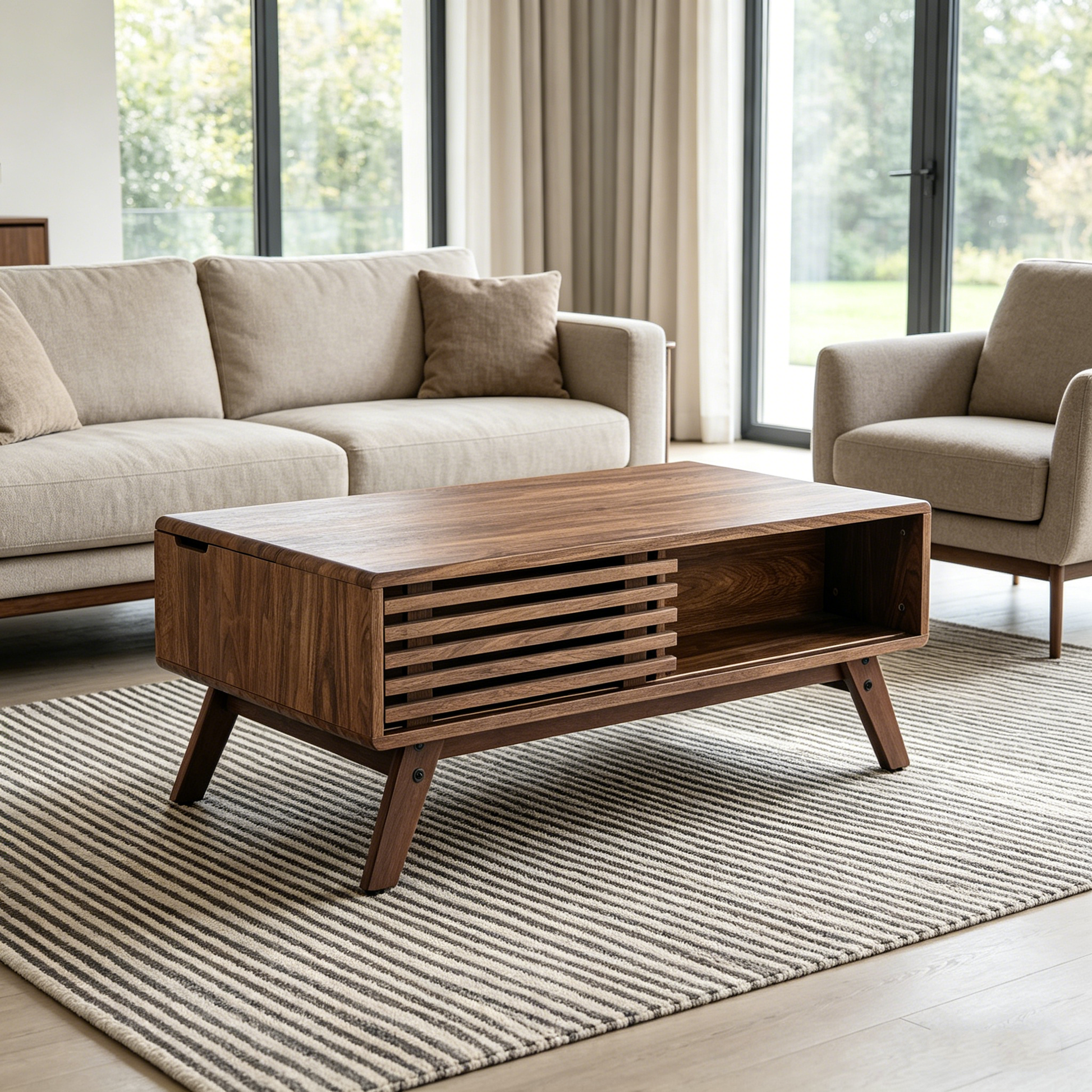 39.37" Mid-Century Walnut Lift Top Coffee Table, Multifunctional Lift-Up Coffee Table with Hidden Storage & Open Shelf for Living Room image 1