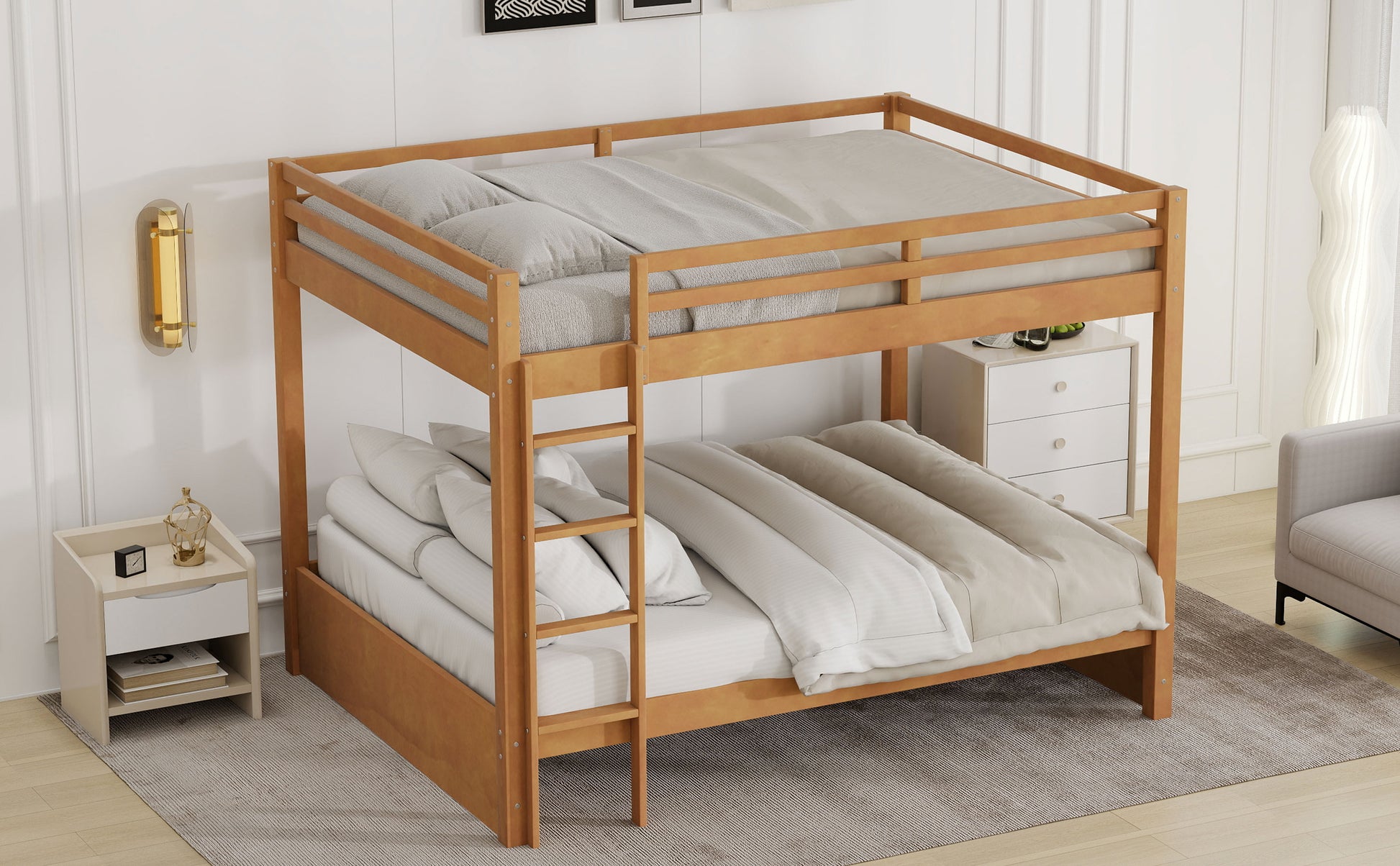 Wood Queen Size Bunk Bed with Ladder, Wood Color image 4