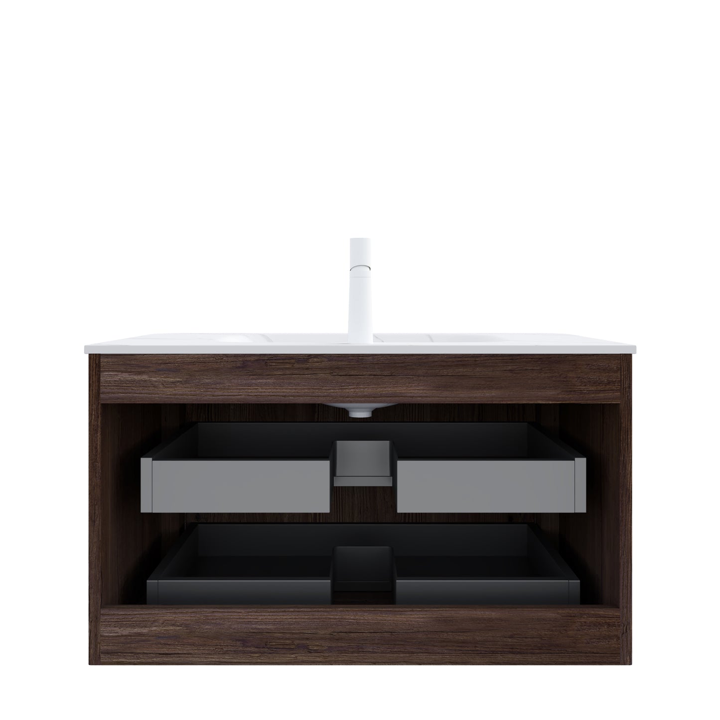 NOOR 36" Bathroom Vanity&Sink, Floating Stripe Plywood Storage Cabinet with 2 Drawers, Carrara White Sintered Stone Hot-bent Integrated Rectangle Basin, Pre-assembled, Retro Walnut Woodgrain Color image 4