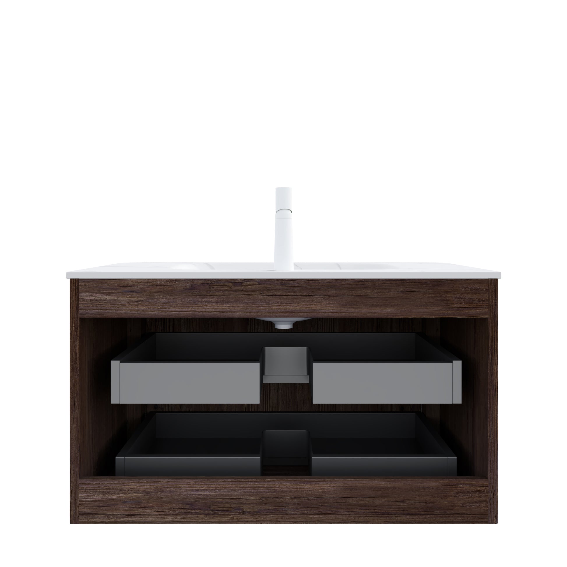 NOOR 36" Bathroom Vanity&Sink, Floating Stripe Plywood Storage Cabinet with 2 Drawers, Carrara White Sintered Stone Hot-bent Integrated Rectangle Basin, Pre-assembled, Retro Walnut Woodgrain Color image 4