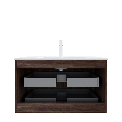 NOOR 36" Bathroom Vanity&Sink, Floating Stripe Plywood Storage Cabinet with 2 Drawers, Carrara White Sintered Stone Hot-bent Integrated Rectangle Basin, Pre-assembled, Retro Walnut Woodgrain Color image 4