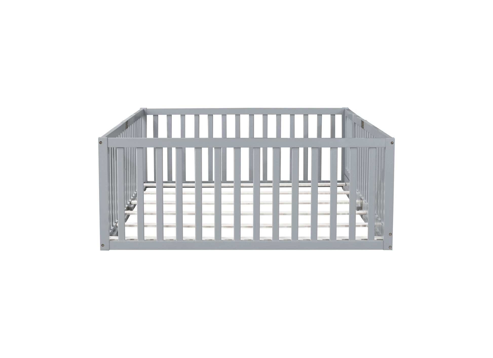 Full Size Floor Bed with High Fence Railings, with Door,6 Slats Included, Rubber Wood Floor Bed with Safety Guardrails,Grey image 12
