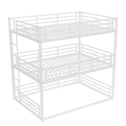 Full over Full over Full Bunk Bed, Metal Triple Bunk Bed with Safety Guardrails, Heavy-duty Bunk Bed with Noise-reduced Design, White image 7