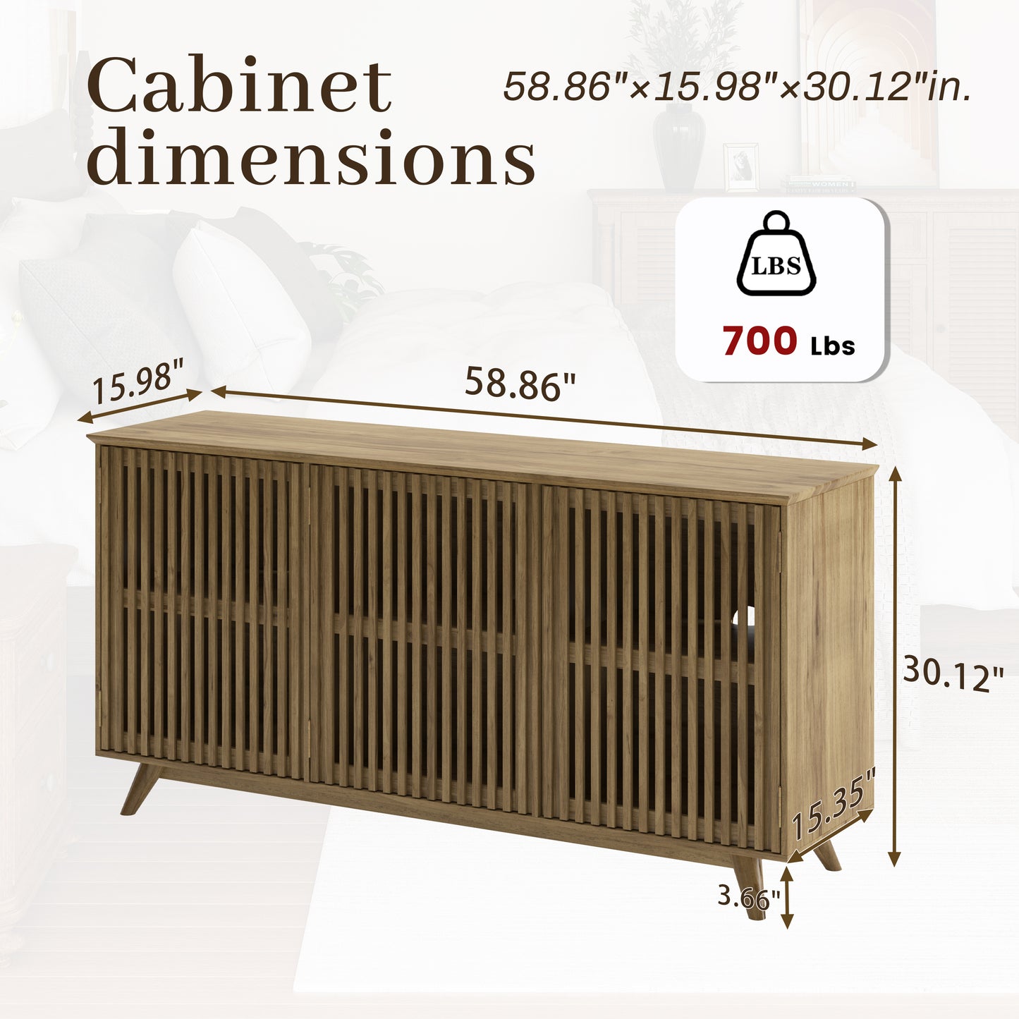 58.86" Solid Knot-Free Pine Wood TV Stand, Mid-Century Modern Storage Cabinet with No Handle Doors and Adjustable Shelf, Entertainment Center for Living Room, Bedroom, Kitchen, Natural image 6