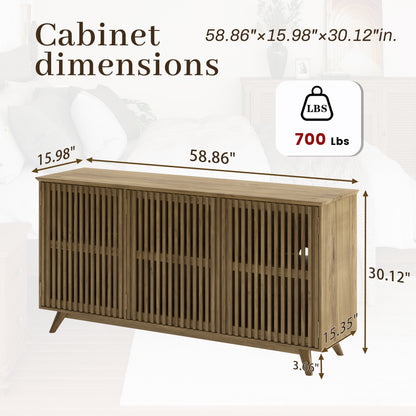 58.86" Solid Knot-Free Pine Wood TV Stand, Mid-Century Modern Storage Cabinet with No Handle Doors and Adjustable Shelf, Entertainment Center for Living Room, Bedroom, Kitchen, Natural image 6