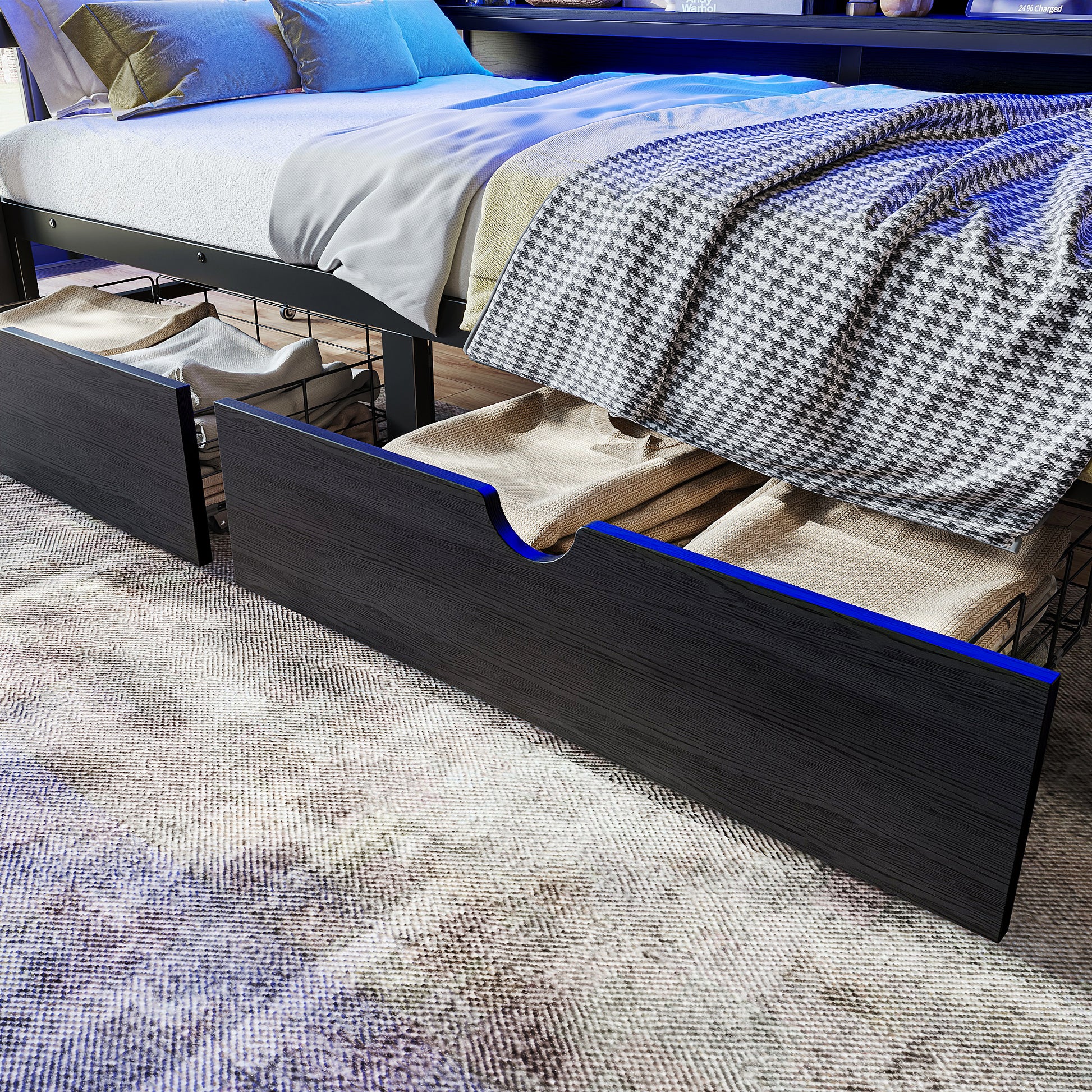 Twin over Twin Bunk Bed with Storage Shelves and Drawers,Multifunctional Metal Bunk Beds with USB Ports and LED Lights, Lower Bed that can be converted into a sofa, Black image 6