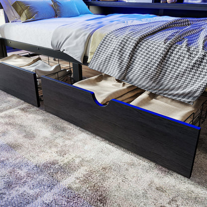 Twin over Twin Bunk Bed with Storage Shelves and Drawers,Multifunctional Metal Bunk Beds with USB Ports and LED Lights, Lower Bed that can be converted into a sofa, Black image 6