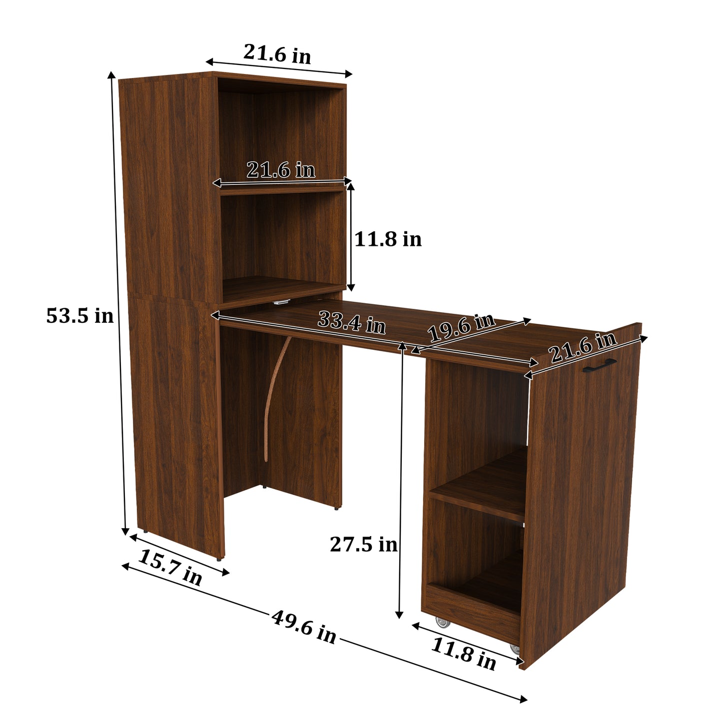 Stretchable desk, office desk with storage shelves and mobile wheels, foldable desk suitable for small apartments and offices,walnut image 10