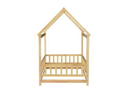 Twin Size House Floor Wooden Bed with Roof Frame,Safety Guardrails,Natural (Old Sku W504P286404) image 12