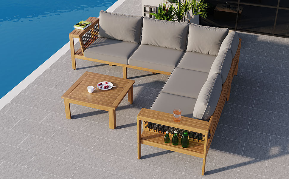 <Old SKU: N704G201249E> 4 Pieces Outdoor Acacia Wood Sofa Set, Woven Mesh Armrests, L-Shaped Patio Furniture Sofa Set with Coffee Table, Outdoor Conversation Set with Gray Cushions and Side Table image 11