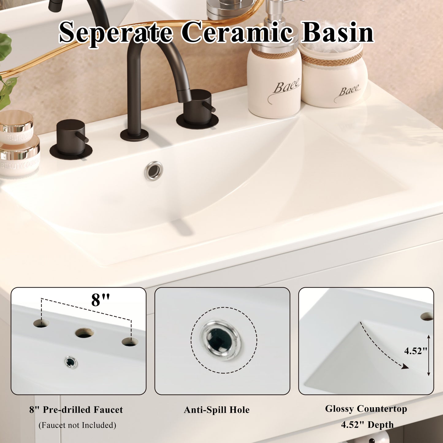 60" Double Sinks Bathroom Vanity Set, Bathroom Cabinet with Two Separate Ceramic Sinks, Full-Extension Drawers & Soft Close Undermount Drawer Slides, White image 6