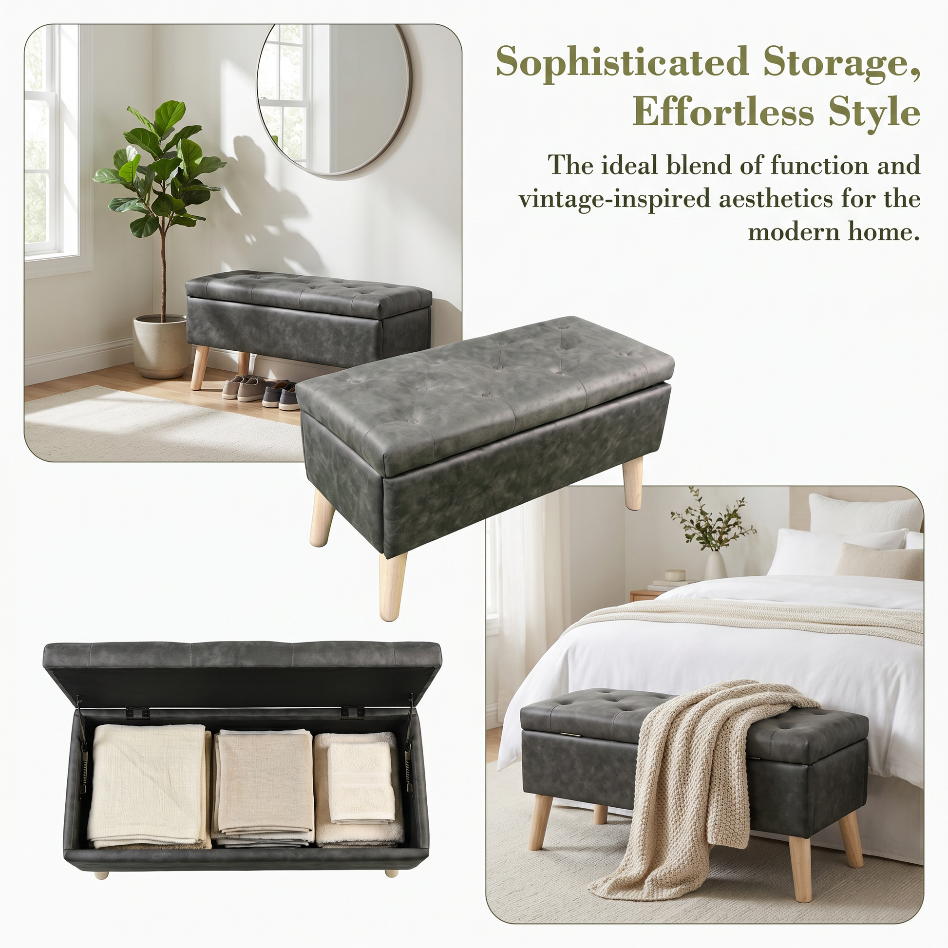 32" Wide Storage Ottoman Bench with Built-in Tray, Square Storage Ottoman for Extra Storage, Upholstered Footrest and End of Bed Bench, Perfect for Living Room, Bedroom, Sitting, Relaxing, Modern Stit image 6