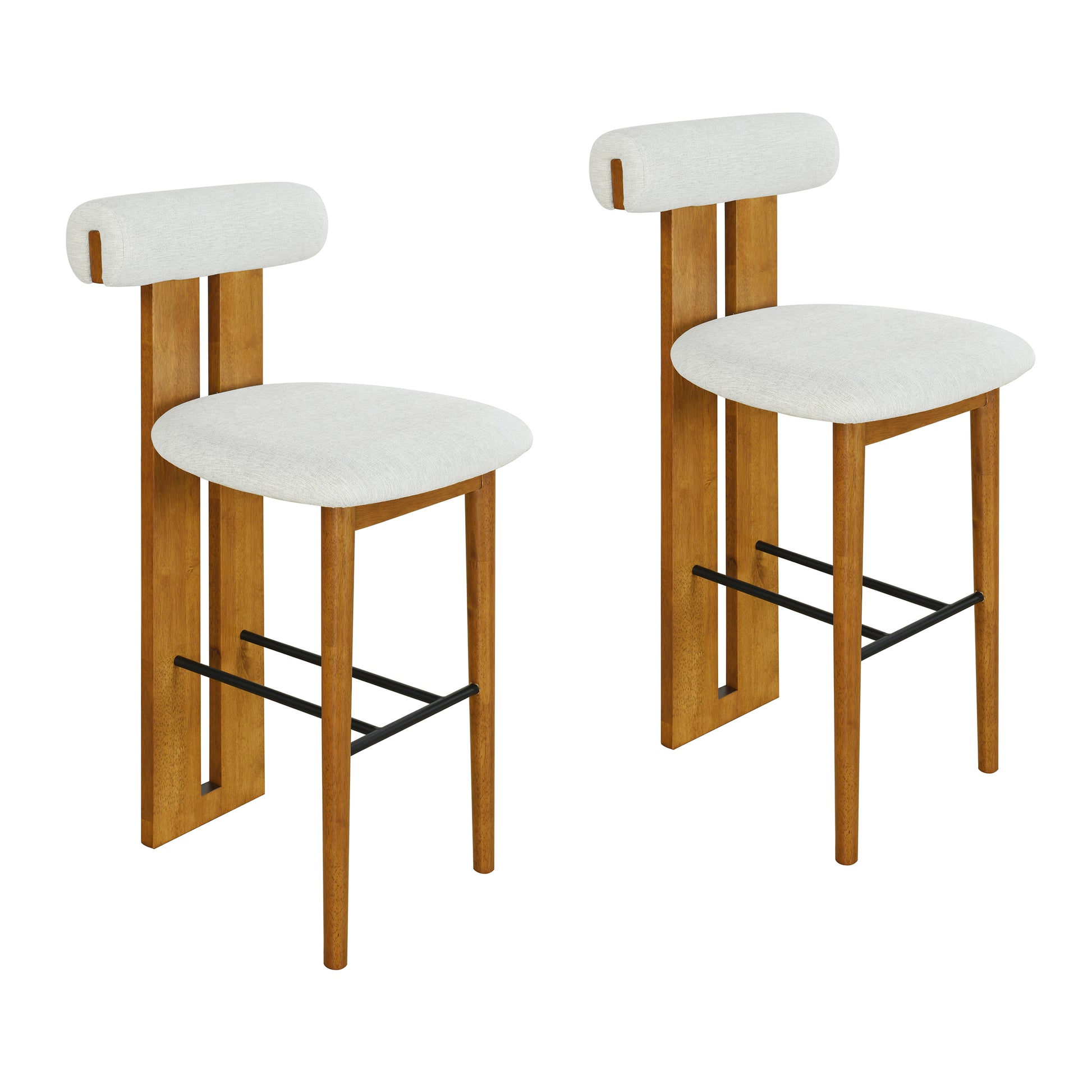 Renee Indoor Wooden Upholstered Barstool, Walnut Finished and Ivory Upholstery, Set of 2 image 3