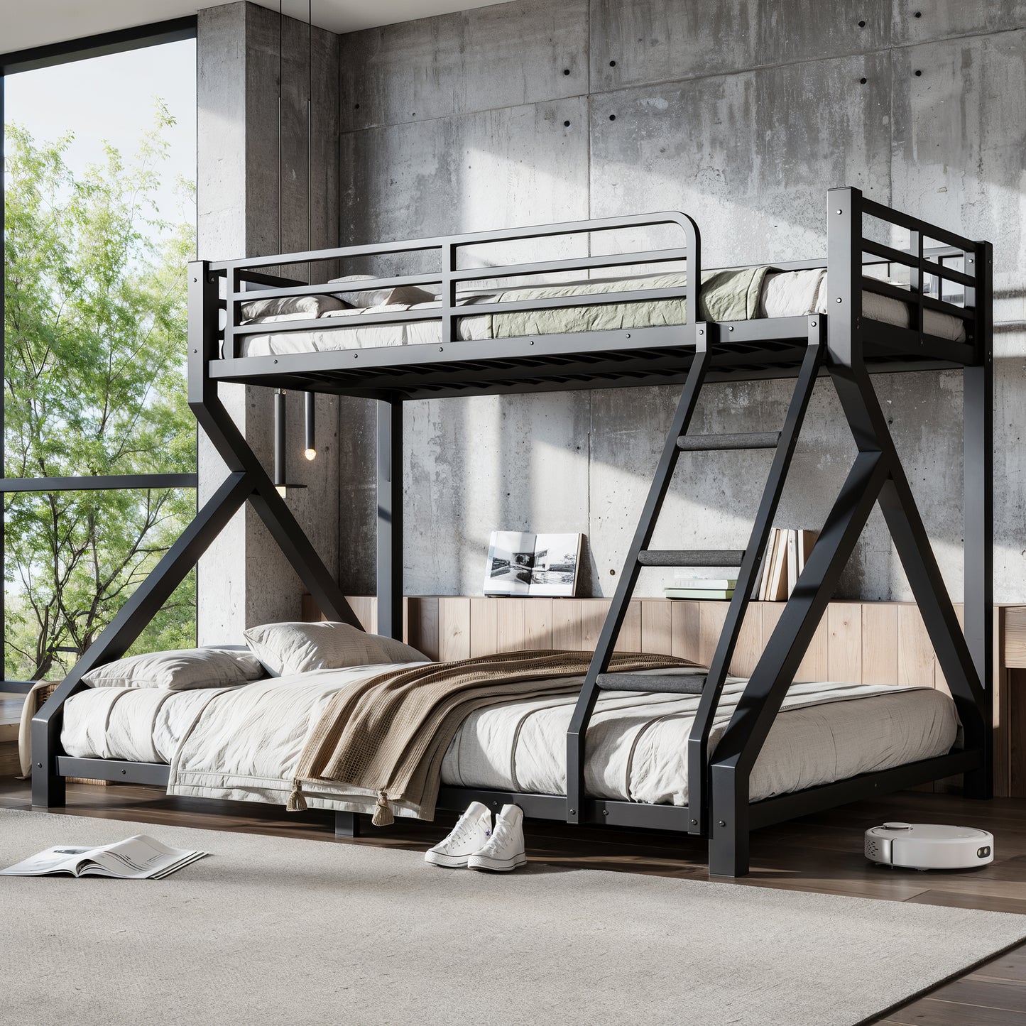 Twin XL over Queen Bunk Bed with ladders, Metal Bunk Bed with Full Upgraded Support Slats, Low Profile Bunk Bed, Black image 1