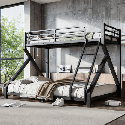 Twin XL over Queen Bunk Bed with ladders, Metal Bunk Bed with Full Upgraded Support Slats, Low Profile Bunk Bed, Black image 1