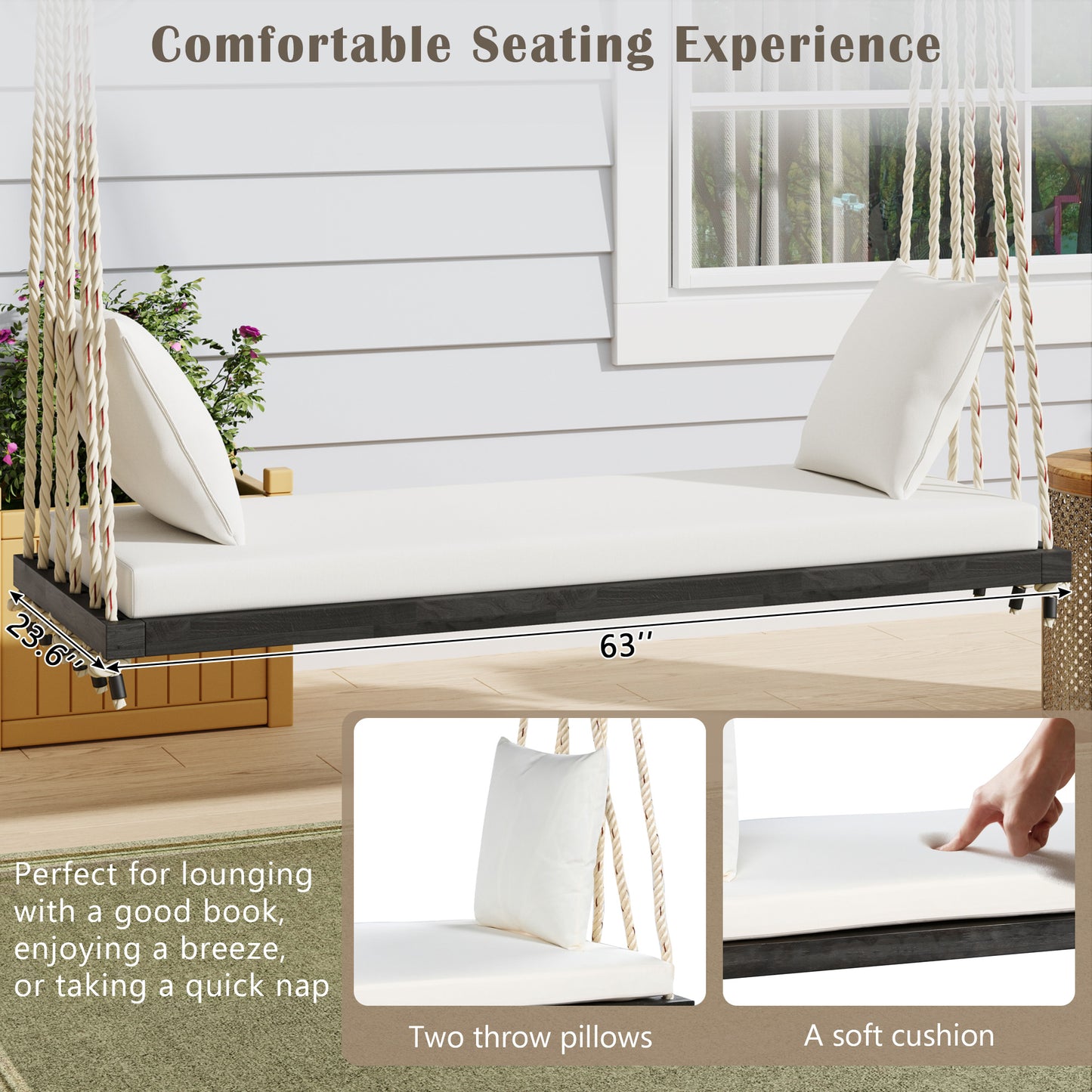 TOPMAX Patio Wooden Swing Chair, Hanging Porch Swing Bench with Cushion&Pillows, 10.8Ft Hemp Ropes for Garden,Backyard, Lawn,Brown image 6