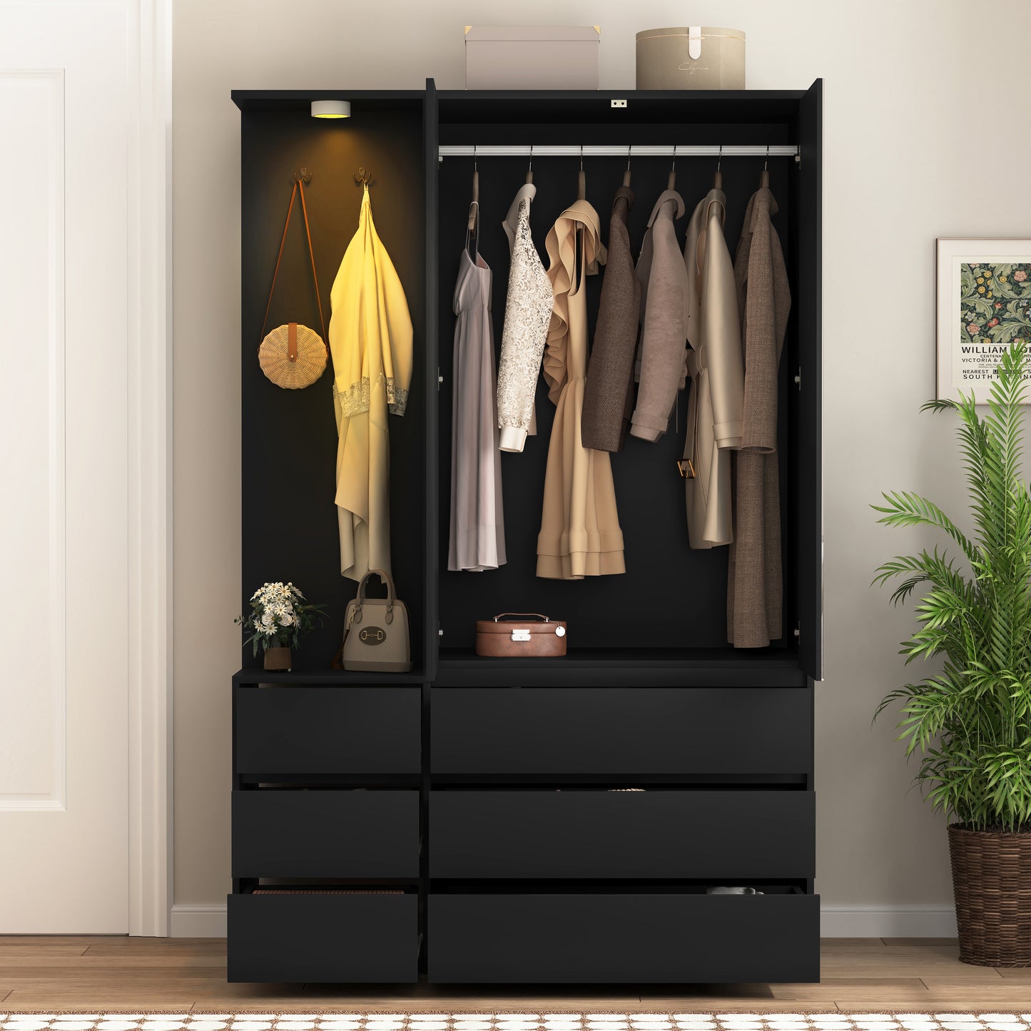 Wardrobe Closet 71.7" H, Bedroom Wooden Wardrobe with 2 Doors 6 Drawers, Modern Clothing Storage Cabinet Combination with Storage Shelves and Hanging Rail, Black image 5