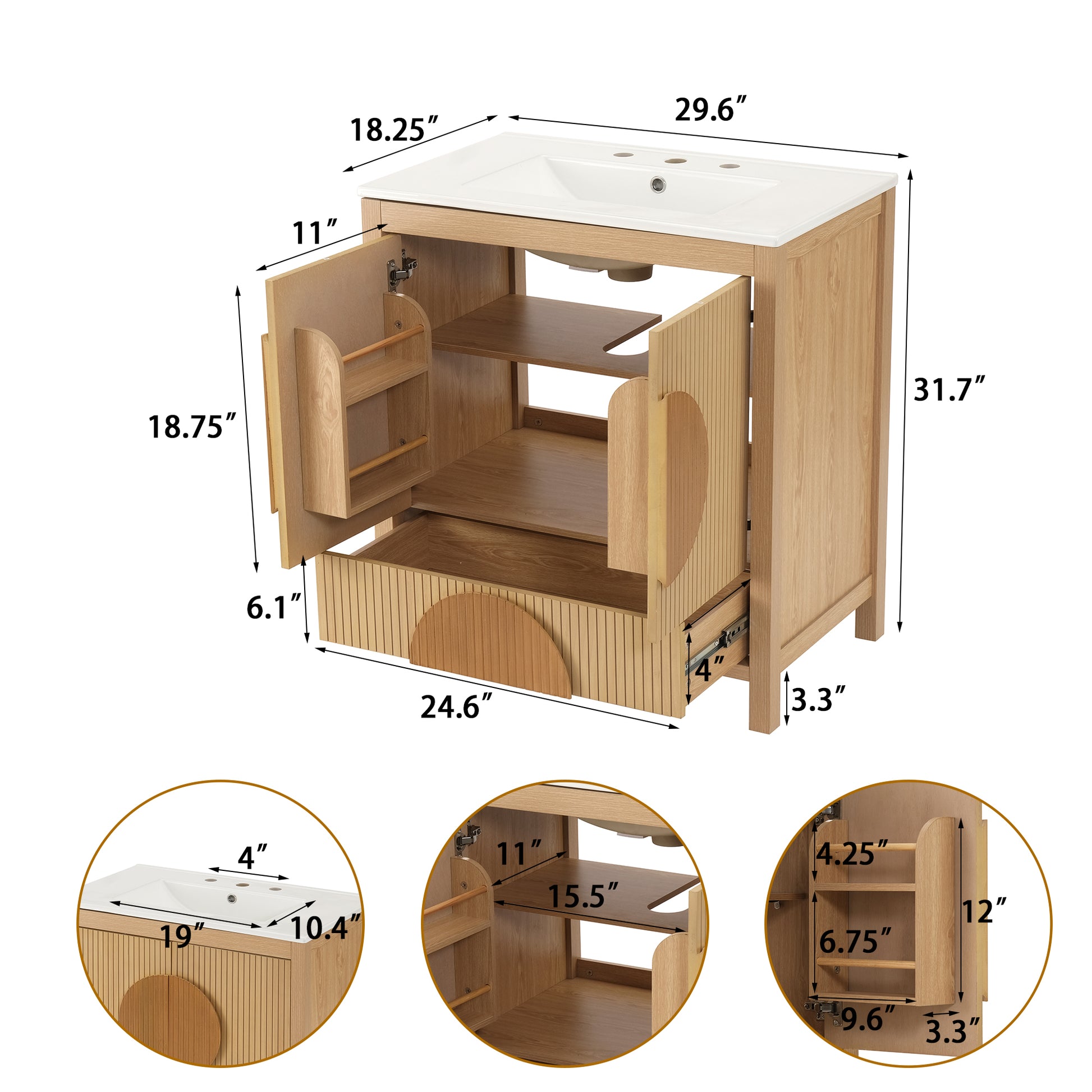 30 Inch Fluted Bathroom Vanity with Sink - Freestanding Modern Wood Cabinet with Soft-Close Doors, 1 Drawer & Open Storage, Decorative Circular Accent, Solid Wood & MDF Build, image 2