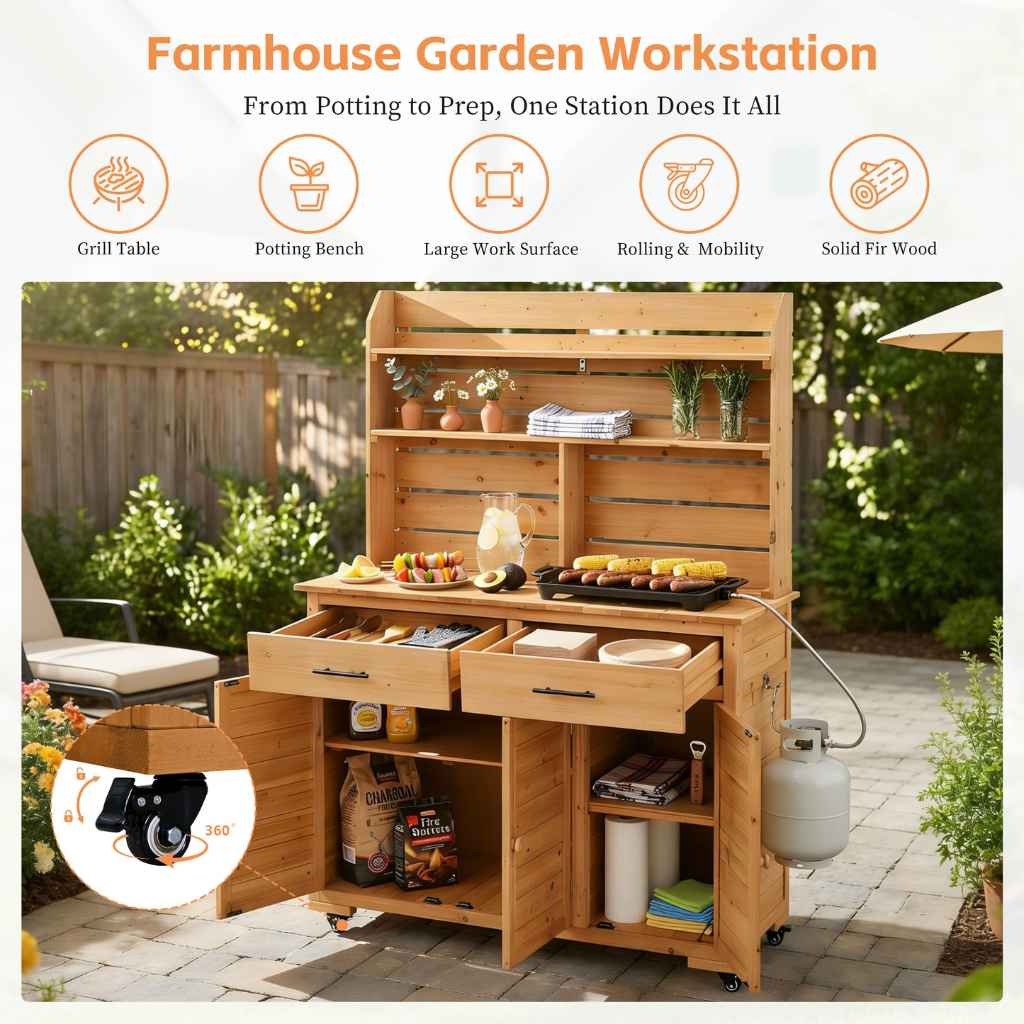 Assembly Video-TOPMAX 65''H Large Garden Potting Bench with Lockable Wheel and Storage Cabinet, Wood Outdoor Kitchen Island Prep Cart with Hutch Top, Drawers and Removal Shelves for Grilling, Natural image 5