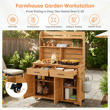 Assembly Video-TOPMAX 65''H Large Garden Potting Bench with Lockable Wheel and Storage Cabinet, Wood Outdoor Kitchen Island Prep Cart with Hutch Top, Drawers and Removal Shelves for Grilling, Natural image 5