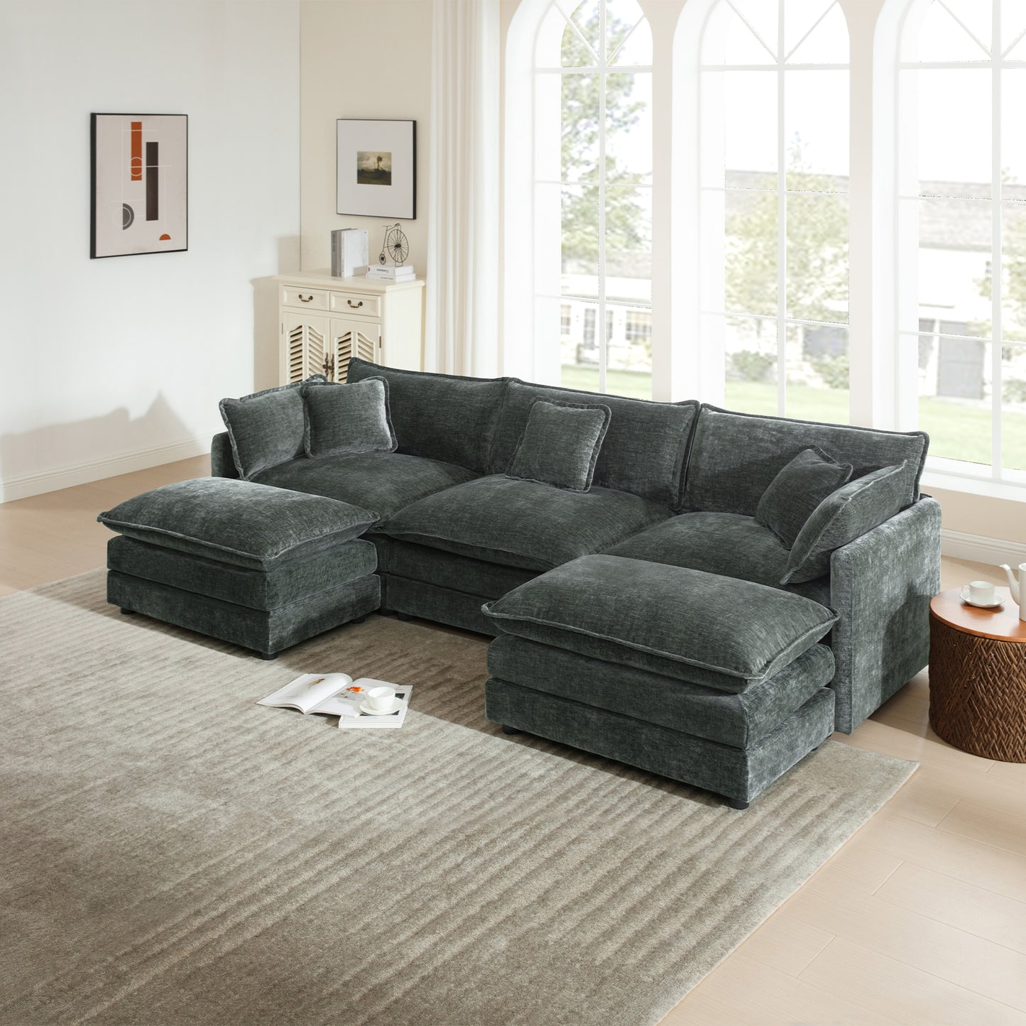 U-Shaped Sectional Sofa w/Reversible Footrest, 3-Seater Convertible Corner Couch with 2 Ottomans,Modern Minimalist Soft Sofa & Couch for Living Room,Gray Chenille image 1