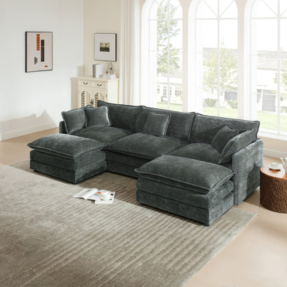 U-Shaped Sectional Sofa w/Reversible Footrest, 3-Seater Convertible Corner Couch with 2 Ottomans,Modern Minimalist Soft Sofa & Couch for Living Room,Gray Chenille image 1