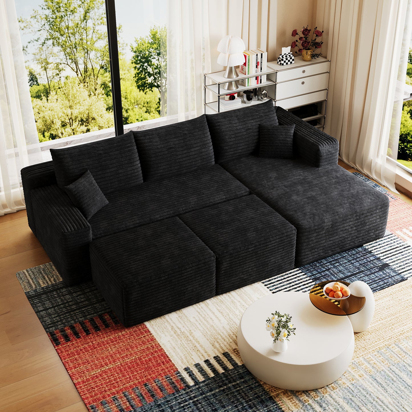 95" Cloud Sectional Sofa with 2 Ottoman,Modern Minimalist Upholstered Couches, Comfort U Shaped Sofa for Living Room,Deep Seat Corner Couch,No Assembly Required,Black (Plush Corduroy Fabric) image 6