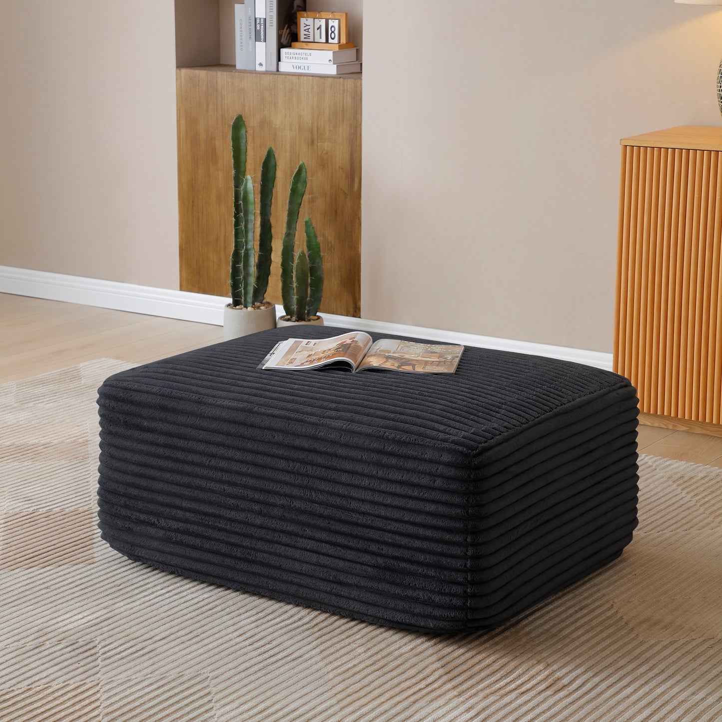 Corduroy Ottoman, Upholstered Cloud Ottoman for Boneless Couch in A Box, Compressed Memory Foam Footrest No Assembly Require,Black image 1