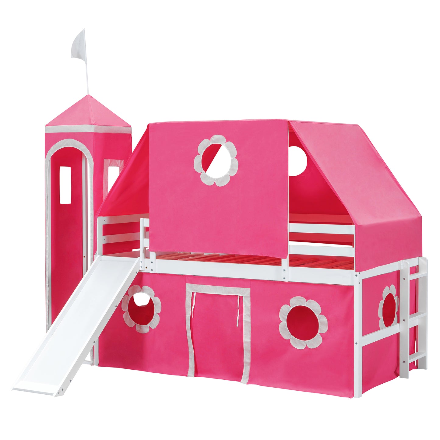 Twin Size Loft Bed with Slide Pink Tent and Tower - Pink(OLD SKU:N708P249511H) image 4