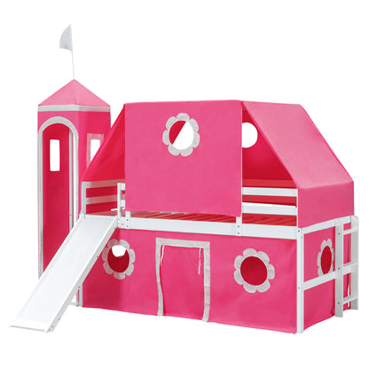 Twin Size Loft Bed with Slide Pink Tent and Tower - Pink(OLD SKU:N708P249511H) image 4