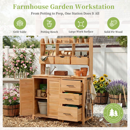 (With Assembly Video) TOPMAX Farmhouse Patio Potting Bench, 44.6''x19.5'' Large Freestanding Garden Workstation with 6 Drawers, Bottom Cabinet and Side Hook, Outdoor Kitchen Island, Natural Wood image 3