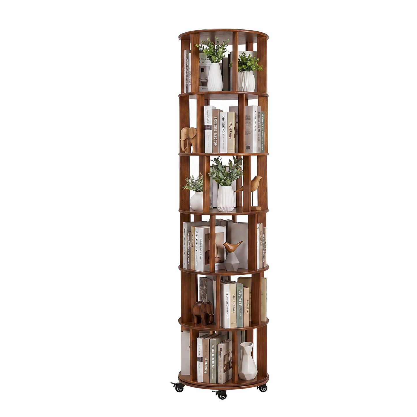 6 Tier Rotating Bookshelf, Solid Wood Rotating Bookshelf Tower with Wheels, 360° Display Round Spinning Bookshelf for Small Spaces, Corner, Bedroom, Living Room, Home, Office, Walnut image 12
