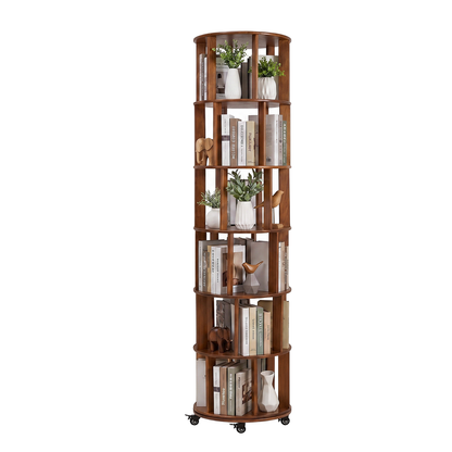 6 Tier Rotating Bookshelf, Solid Wood Rotating Bookshelf Tower with Wheels, 360° Display Round Spinning Bookshelf for Small Spaces, Corner, Bedroom, Living Room, Home, Office, Walnut image 12