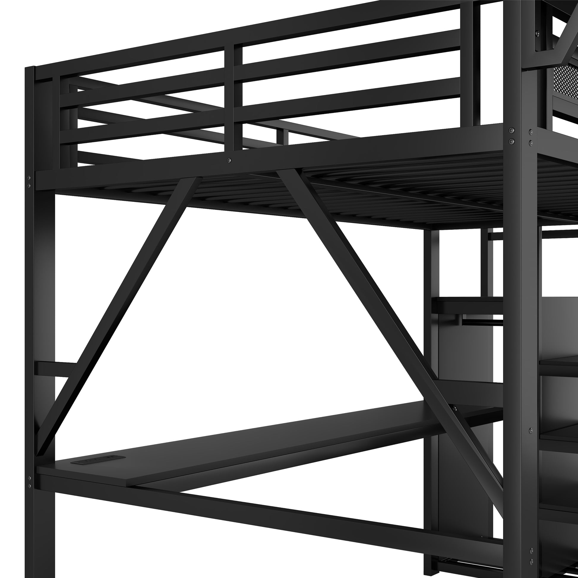 Queen Loft Bed with Desk and Charging Station, Queen Size Metal Loft Bed with Stairs and Light for Kids Teens, Black (Expect Arrival Date 2026/3/25) image 11