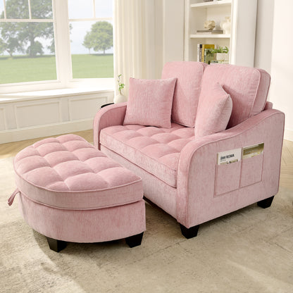 Two-seater sofa, double sofa chaise longue, with irregular armrests and backrests, footrest with storage space, comes with two small throw pillows, suitable for living room and bedroom -Pink image 3