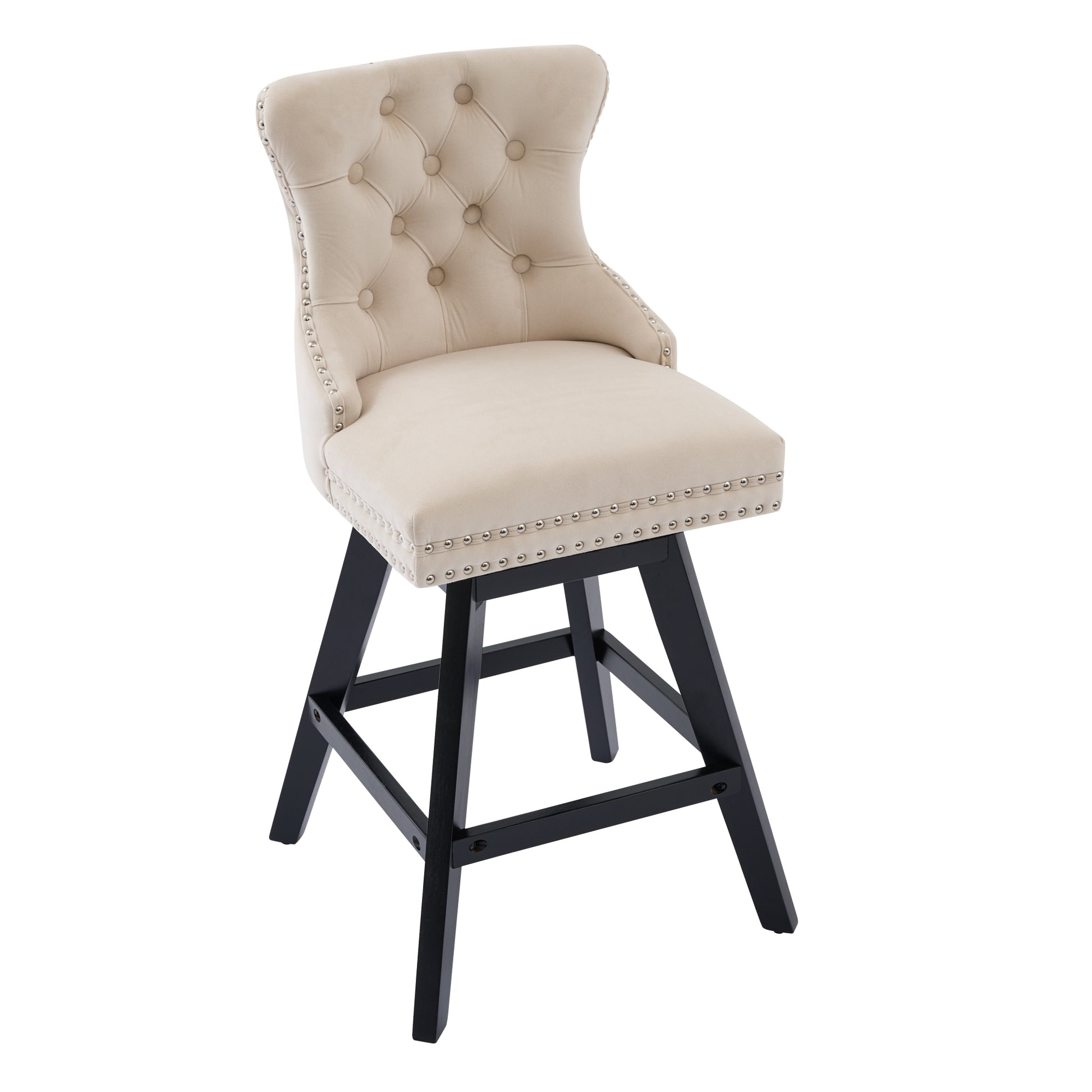 Swivel Velvet Barstools with Button Tufted Decoration and Wooden Legs, and Chrome Nailhead Trim, Leisure Style Bar Chairs,Bar stools, Set of 2 (Beige),SW1860BG image 4