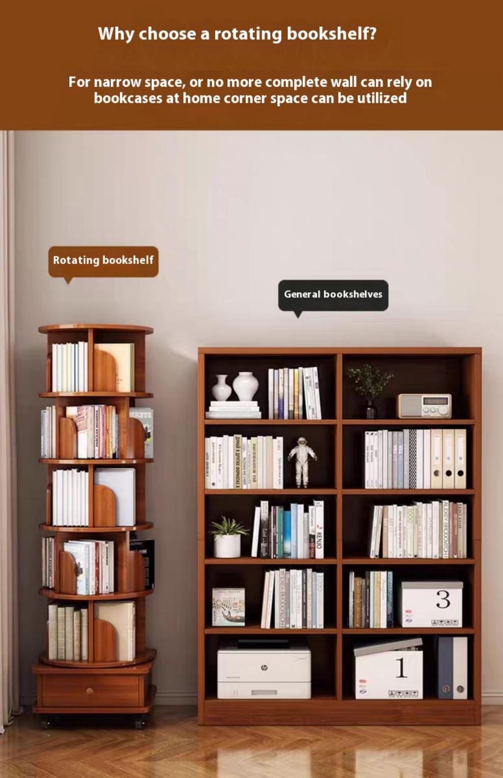 (UPGRADED) Rotating Bookshelf, 360 Display Corner Bookshelf for Small Space, 6 Tier Bookcase Storage Rack with Wheels, Wood Narrow Organizer for Bedroom, Living Room, Study Room, Walnut Brown image 9