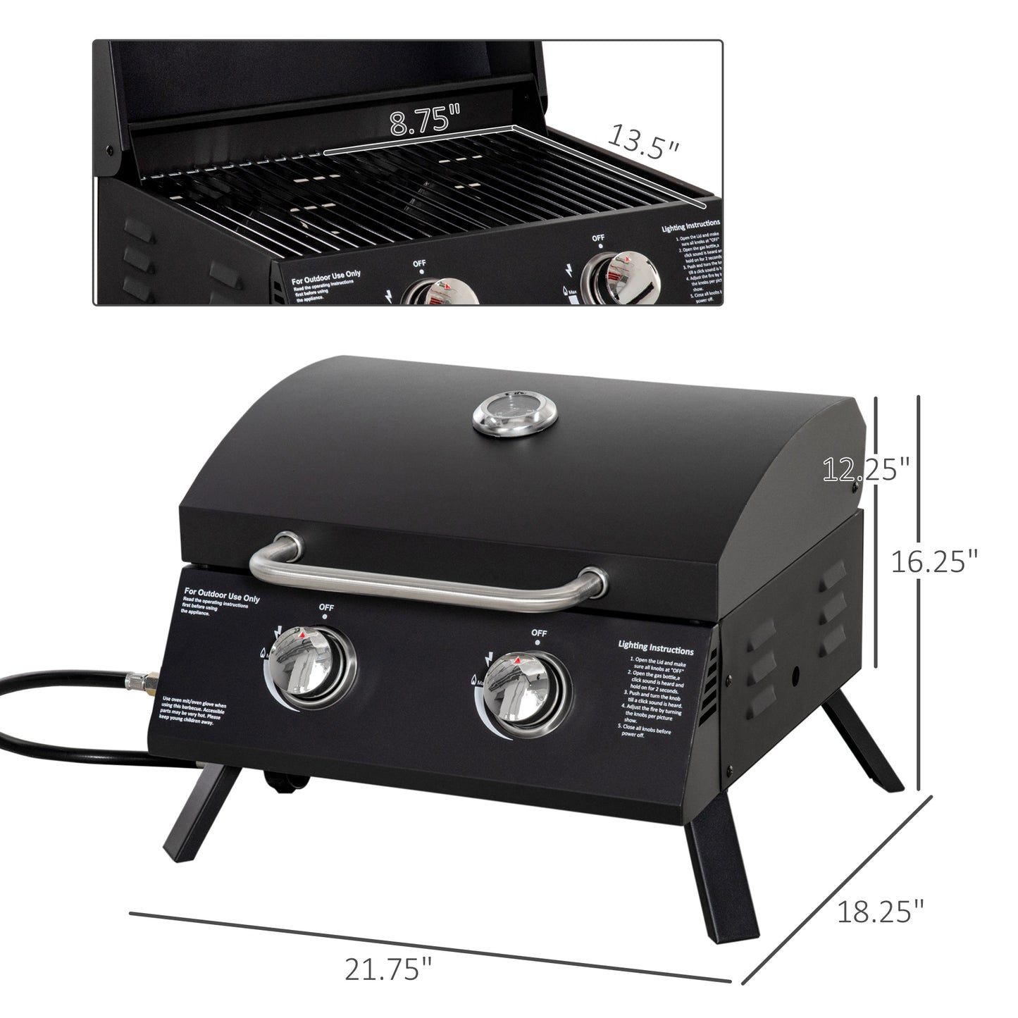 Outsunny 2 Burner Propane Gas Grill Outdoor Portable Tabletop BBQ with Foldable Legs, Lid, Thermometer for Camping, Picnic, Backyard, Black image 3