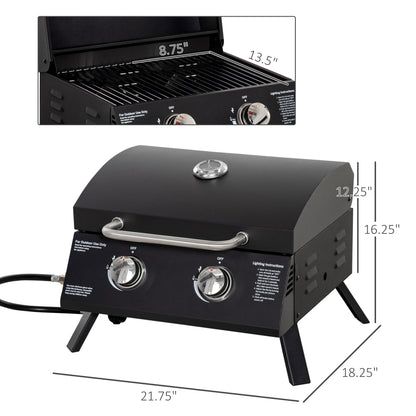 Outsunny 2 Burner Propane Gas Grill Outdoor Portable Tabletop BBQ with Foldable Legs, Lid, Thermometer for Camping, Picnic, Backyard, Black image 3