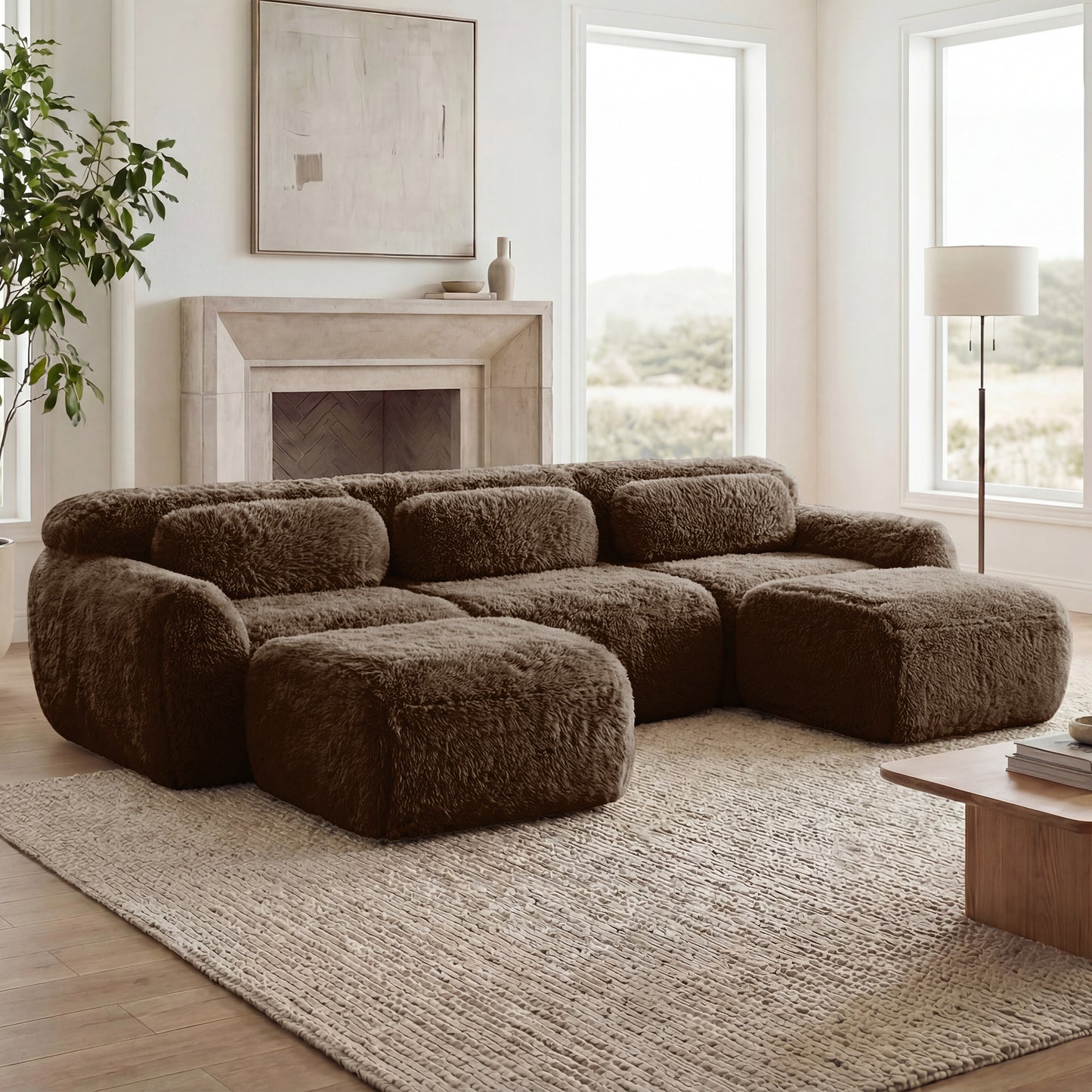 U-shaped Boneless Sofa 32D High Density Sponge Bottom Anti-Slip Design With Chaise Free Combination Full-compression Vacuum Packaging Deep Seat Design For Bedroom,Study,And Home Theater, Chocolate image 3