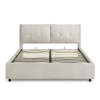 Queen Size Storage Upholstered Hydraulic Platform Bed with Integrated Headboard, Chenille Fabric, Beige image 10