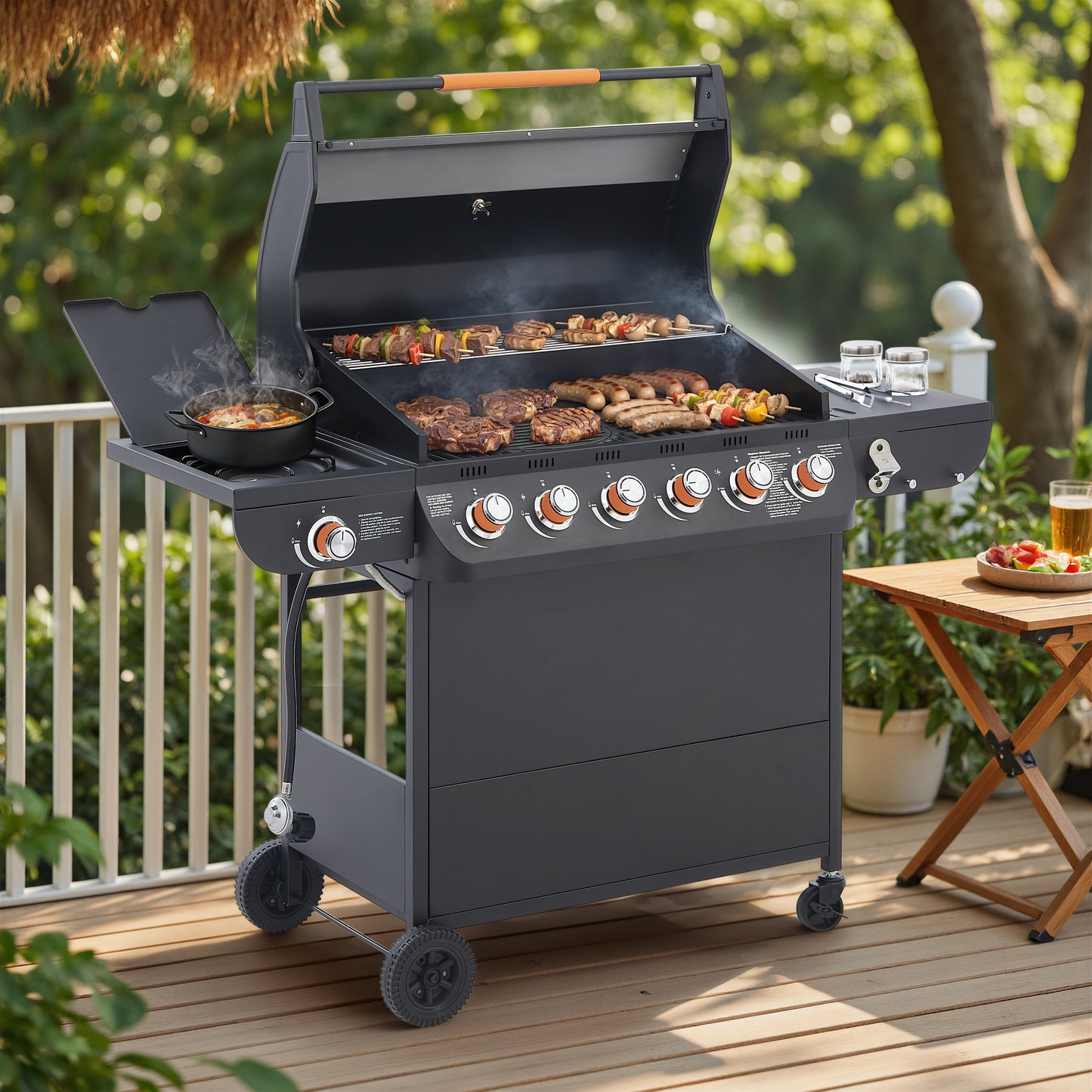 6 Burner BBQ Propane Gas Grill with Side Burner 72000 BTU Output Stainless Steel Barbecue Grill with Cast Iron Grates and Side Tables for Outdoor Cooking Kitchen and Patio Backyard. image 1