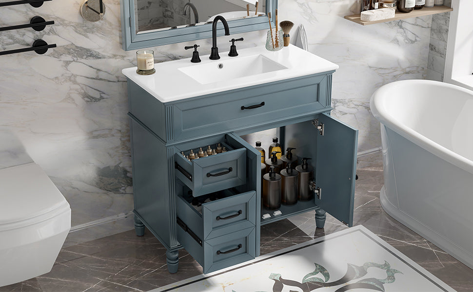 [Video] 36" Bathroom Vanity with Sink, Bathroom Cabinet with Drawers, Solid Frame and MDF Board, Two Packages, Gray Blue (Same SKU: N725P195410C/N759P340019C) image 9