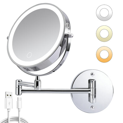 Rechargeable Wall Mounted Makeup Mirror 8'' Magnifying Mirror with Lights Double-Sided 1X/10 360° Rotation Extension Bathroom Shaving Mirror with Foldable Arm image 1