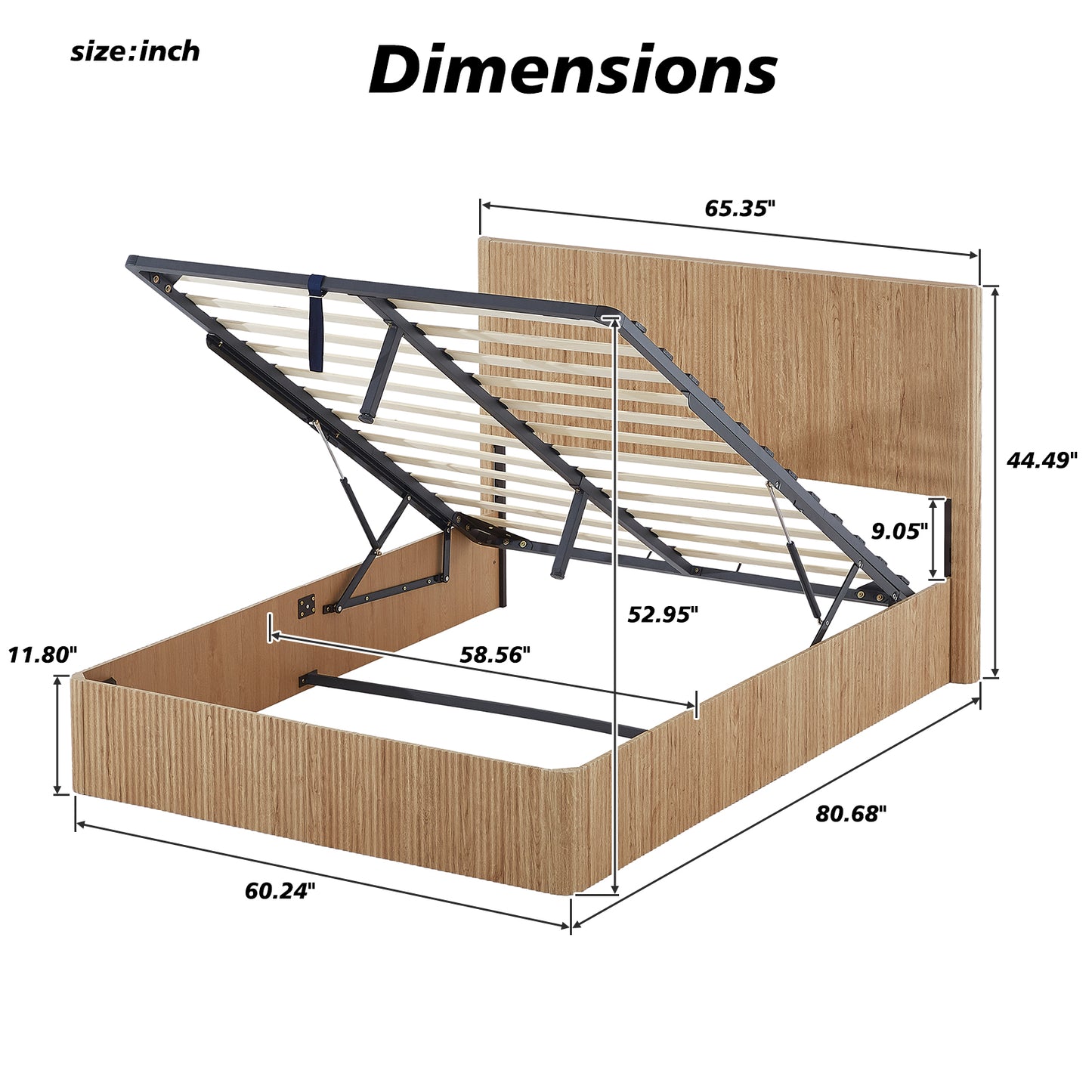 Queen Size Lift Up Storage Bed Frame, Wooden corrugated curved lines, Hydraulic Storage/No Box Spring Needed, Oak. image 4