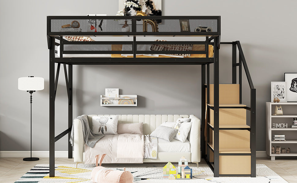 Queen Size Loft Bed with Stairs, Metal Queen Loft Bed with Storage Shelves, High Loft Bed with Wardrobe for Kids Teens Adults, Black(Old SKU W2580S00028) Patent Products image 11