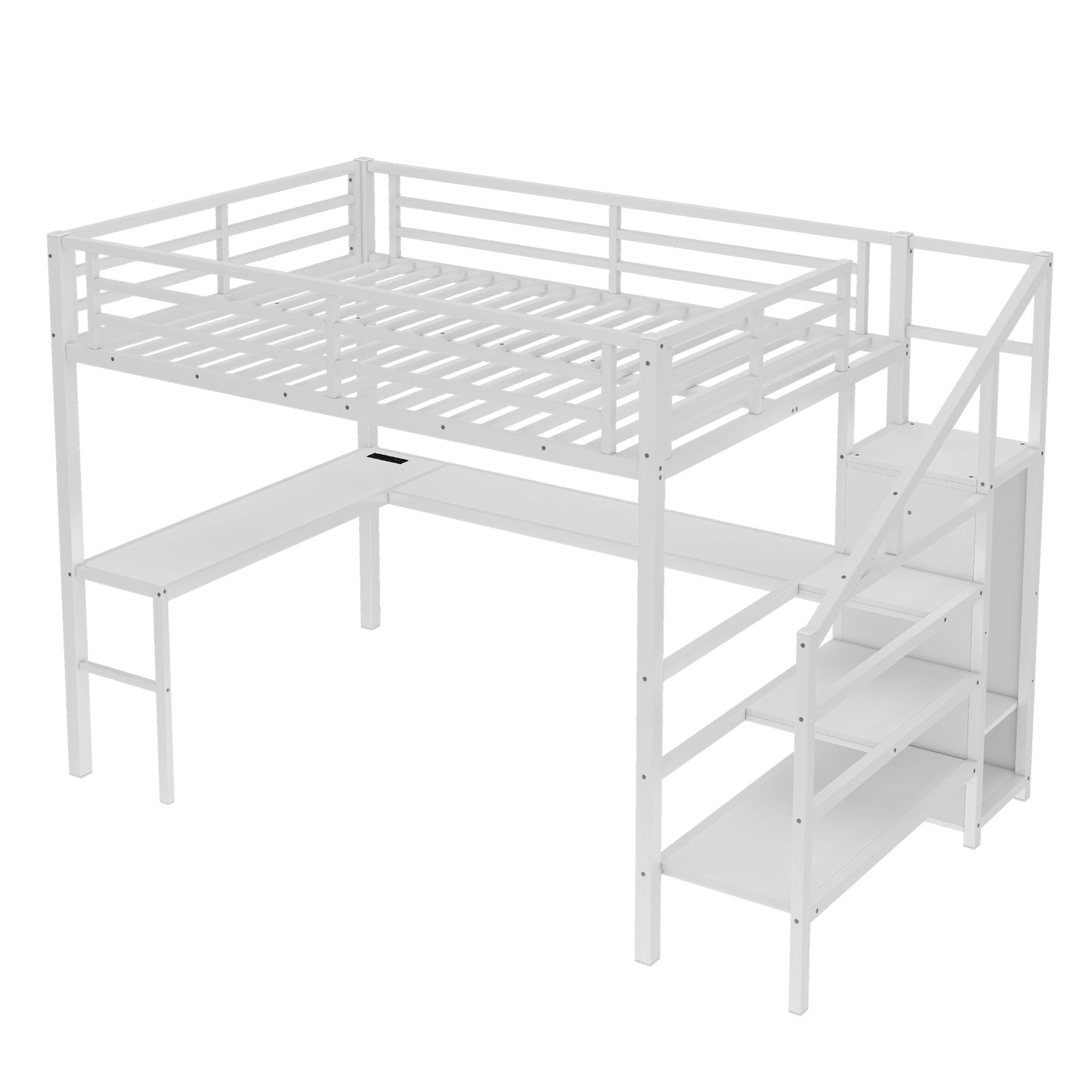 Queen Size Loft Bed with L-shaped Desk and USB, Metal Loft Bed with Wardrobe and Adjustable Shelf, High Loft Bed with LED for Kids Teens Adults, White image 8