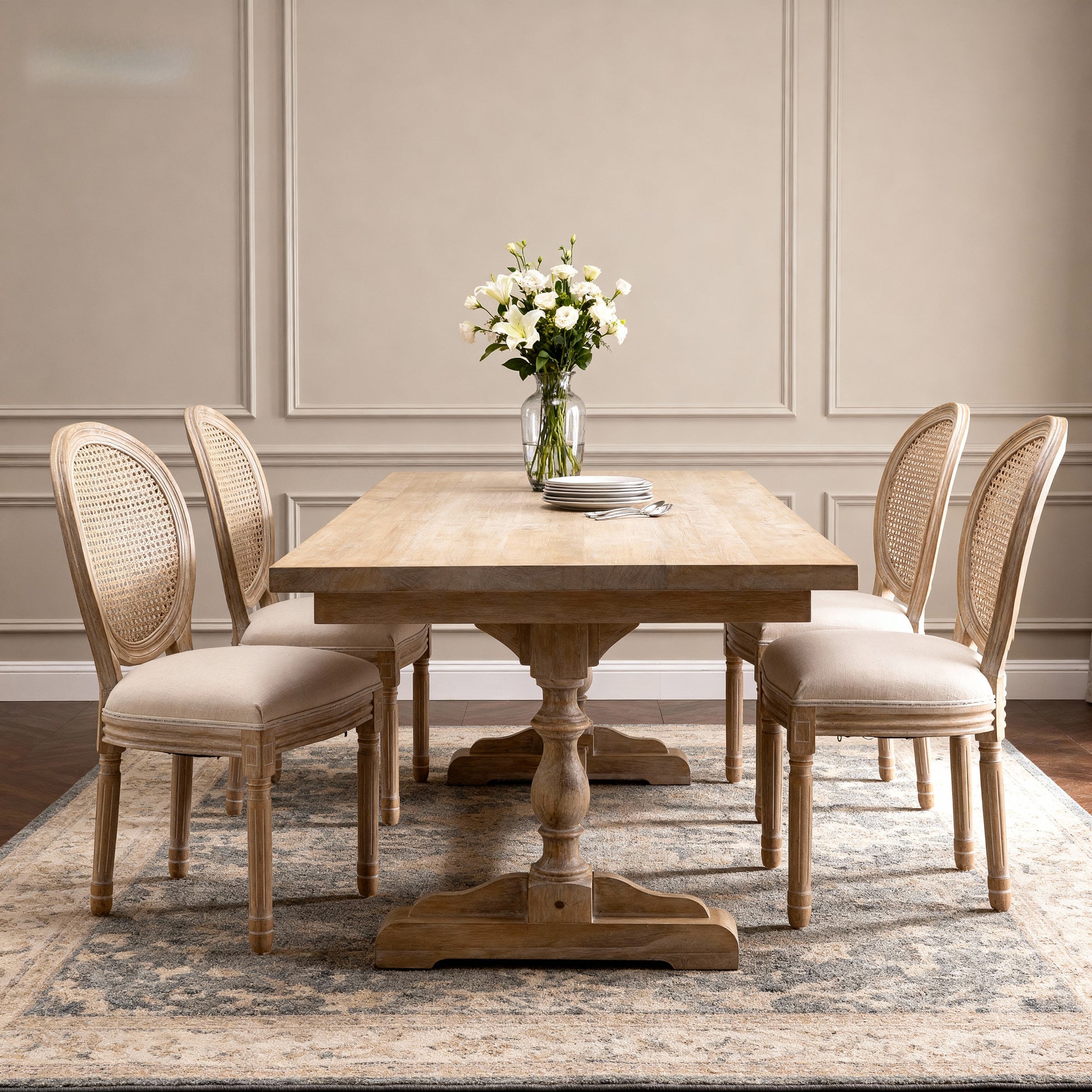 French Style Solid Wood Frame Linen Fabric Rattan Back Dining Chair,Set of 2, Beige image 10